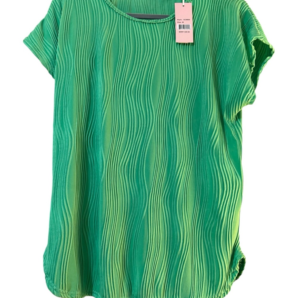 Women’s Green Textured Wave Pattern Short Sleeve Blouse - Size M - Picture 2 of 8